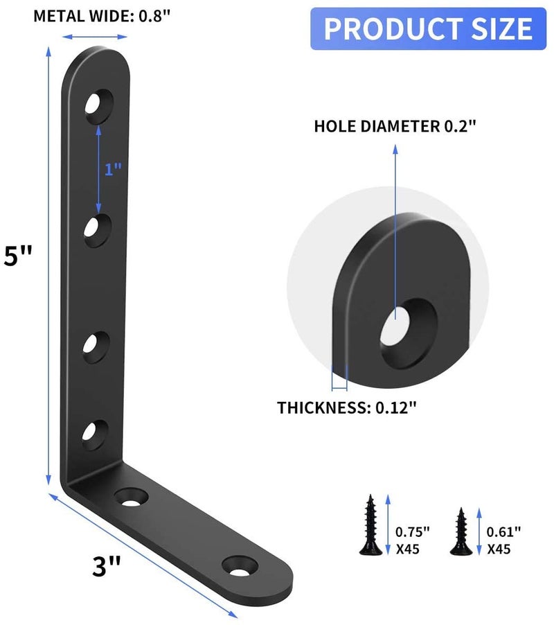 Emeroll 20 PCS Black Corner Bracket Heavy Duty Shelf Brackets 5 x 3 Inch L Corner Brace Joint Angle Bracket for Shelves  Furniture Cabinet Bookshelf with Screws - Image 2